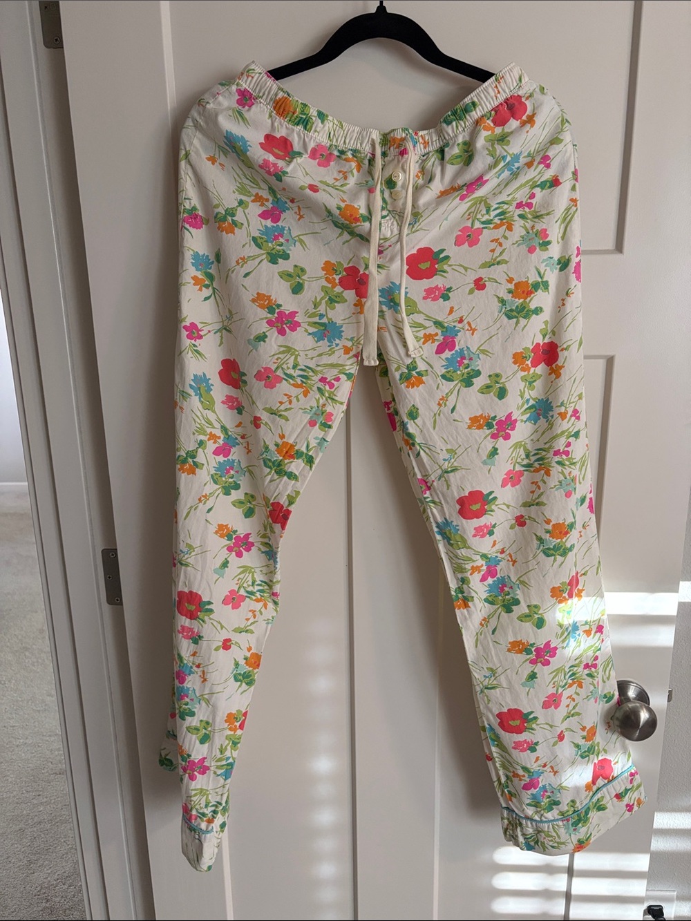 Kids Floral Drawstring Bottoms - White with Multicolor Flowers